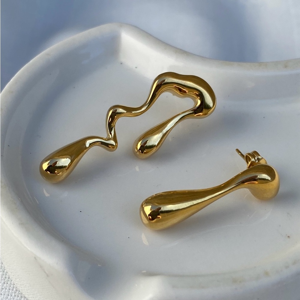 Water Drop Stud Earrings Melted Gold Mismatched